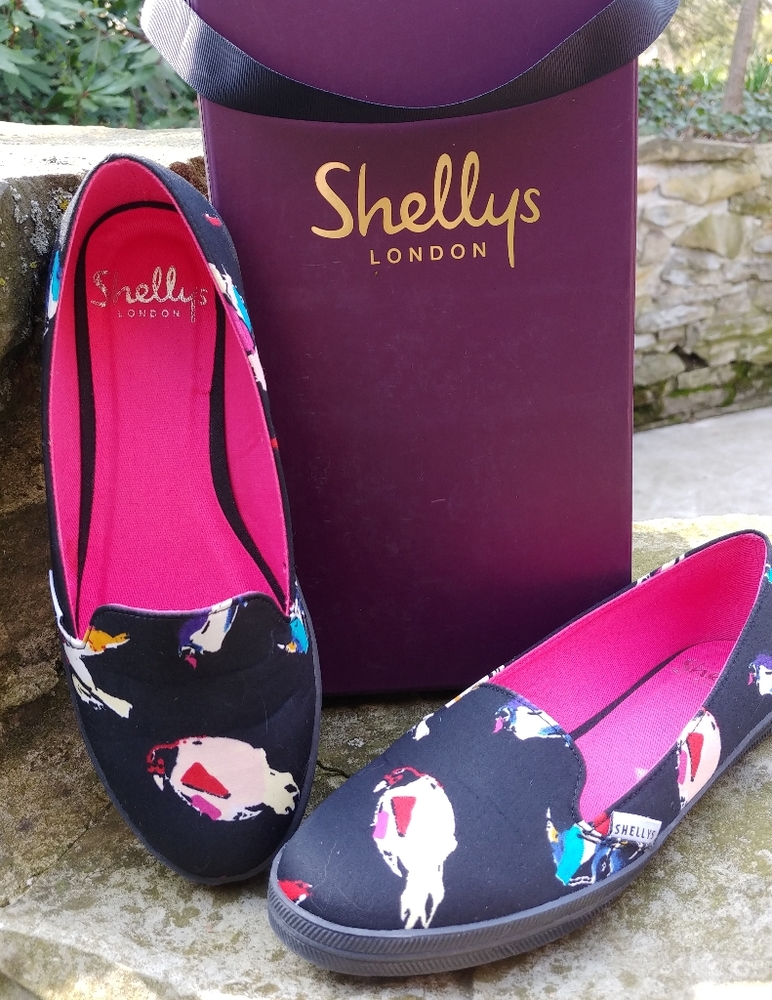Shellys London parrot print black canvas flats